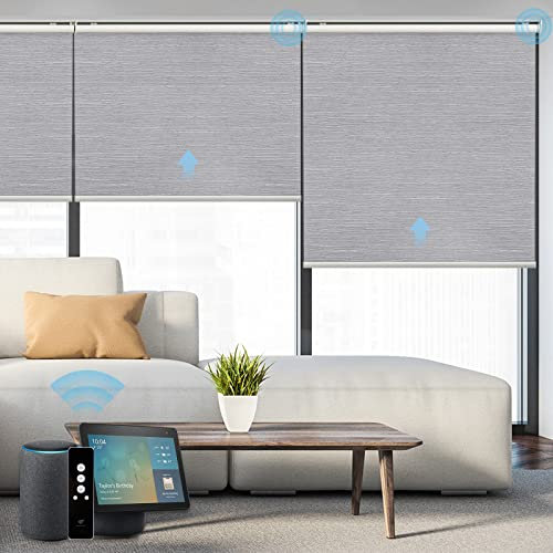 SmartWings Motorized Roller Shades, Auto Smart Window Blinds 100% Blackout with Zigbee Motor Alexa, Cordless Remote Control Rechargeable, Light Grey, W36 xH72