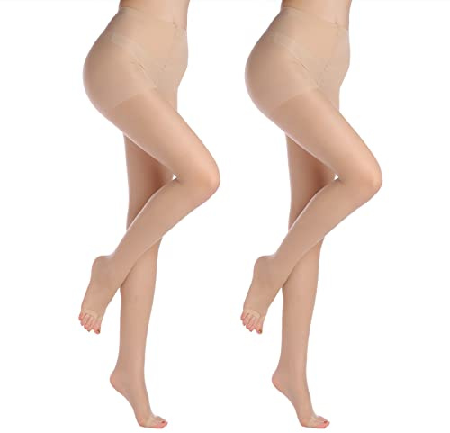 YAGAXI 20D toeless pantyhose - 2 Pairs Control Top open toe pantyhose for women(L, Nude)