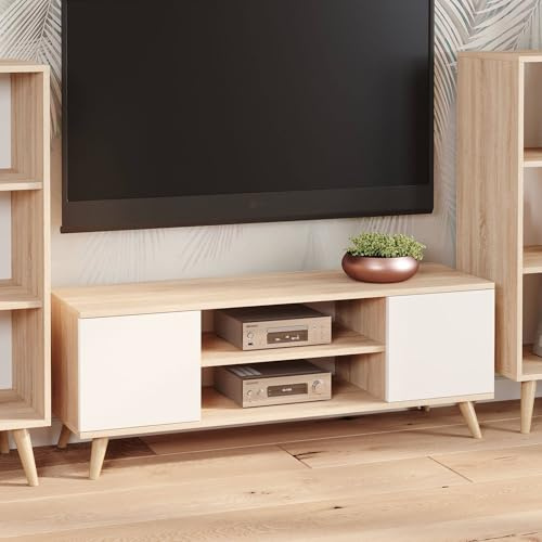 Dmora - Fernsehschrank Lomza, Ständer für Wohnzimmerfernseher, Niedriges Wohnzimmer-Sideboard, TV-Ständerbasis, 155x40 h50 cm, Eiche