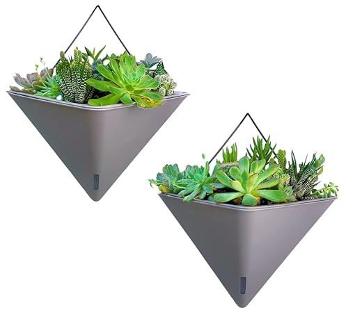 LaLaGreen Sukkulenten-Wand-Pflanzgefäße – 2 Stück, 30.5 cm groß, selbstbewässernd, Wandbehang, Pflanzgefäße für Zimmerpflanzen, graue Wandhalterung, schwarzer Metallaufhänger, wohnende Wanddekoration