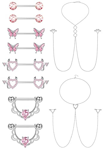 Kakonia 5Paar 14G Nippelpiercing für Damen Chirurgenstahl Schwarz Silber Edelstah Glitzer Pink Brustwarzenpiercing Herz Schmetterling Nippelringe Kette Zirkonia Set für Damen Heren
