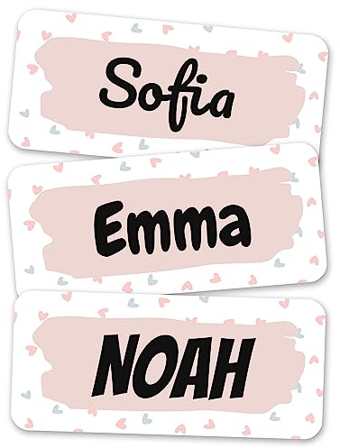 melu kids® Namensaufkleber für Kleidung & Gegenstände (120 Stk, Herzen) | Namensschilder Kinder Waschmaschinenfest und Personalisiert, Namenssticker Kinder für Kita & Schule