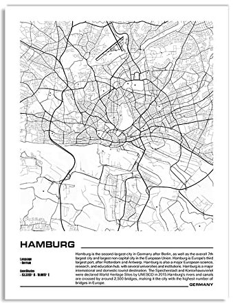 YMXCNM Konsttryck affischer, Hamburg stadskarta tryck affischer väggmålning svart och vit målning konst målning rektangel konstverk för vardagsrum sovrum heminredning, 30 x 40 cm/11,81 x 15,74 tum