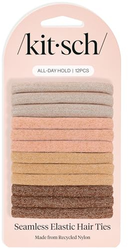 Kitsch Neutral Hair Ties No Damage 12pcs - Hair Bands for women - Strong Stretchy Hairbands & Hair Bobbles - Soft Nylon Hair Elastics, Snag-Free Rubber Bands for Updos & Braids