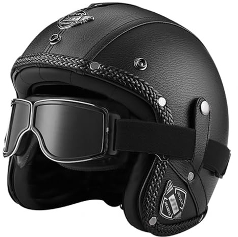 Casco vintage retrò Scooter Casco jet ciclomotore Casco mezzo casco in pelle 3/4 con visiera Casco aperto per uomo e donna Certificazione DOT ECE,B-S=(55~56cm)