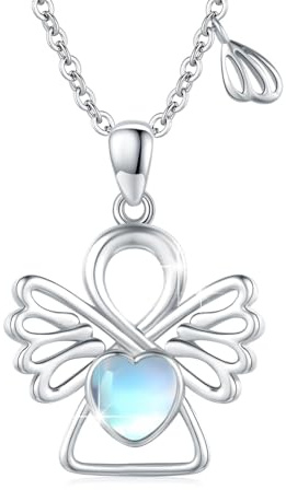 Colgante de Ángel de la Guarda Con Piedra Lunar, Plata 925 - Joyas Llamador de Ángeles, Regalos Para Niñas y Mujeres