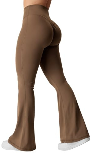 YEOREO Leggings acampanados para mujer, pantalones de yoga con parte inferior cruzada en V, cintura alta, control de abdomen, corte de bota, leggings de entrenamiento, #1 Marrón, Small