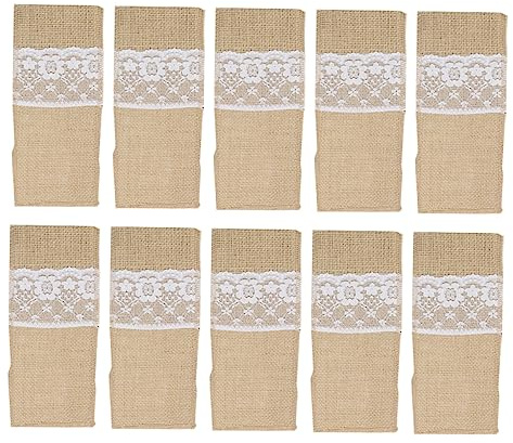 Mobestech Poche à Couverts Vintage en Lin et Dentelle 10 Pièces | Coloris Kaki, Lot de 10, pour Mariage et Célébration, Protection Vaisselle Finition Rustique