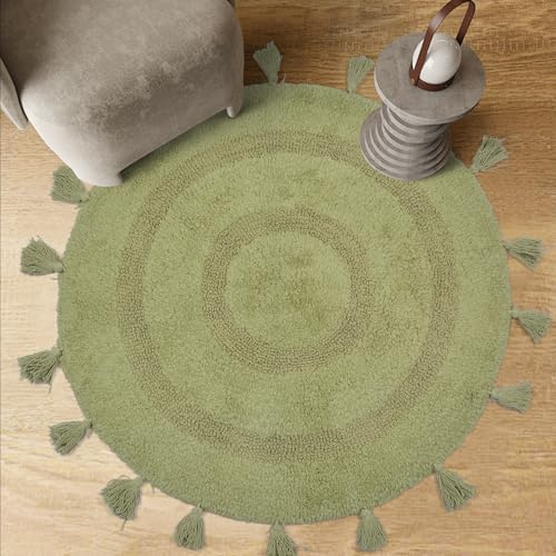TOPSMCHER Runde Badematte, Boho-Badteppich mit handgefertigten Quasten, 100 % Baumwolle, grüne Fußmatten, 70 x 70 cm, rutschfeste waschbare Duschmatte, dekorative Bodenmatte für Zuhause, Schlafsäle