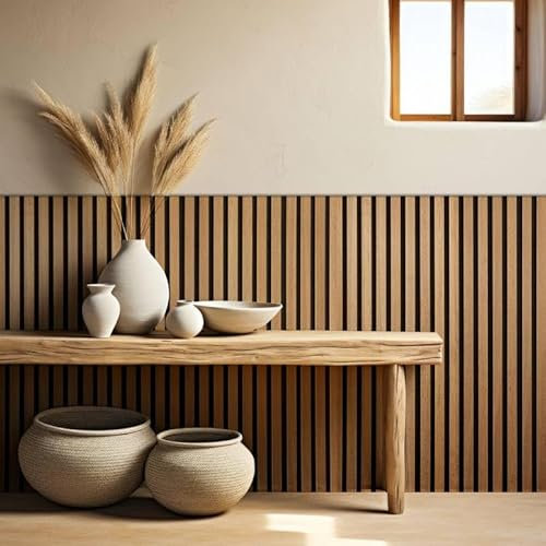 DECOON - Panneau tasseaux Bois 120 x 30 cm - Chêne doré véritable sur Feutrine Noire - Design Chaleureux et Moderne - 0,36 m²