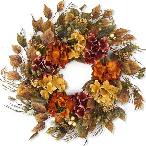 Fall Wreaths for Front Door 22 inch, Fall Wreath with Hydrangea Berries Fall Leaves, Home Decoration for Outdoor Living Room Indoor Wall and Outside Autumn