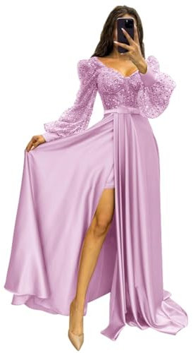 Women's Long Sleeve Sequin Prom Dresses with Slit V Neck Formal Evening Party Gowns Puffy Sleeve Princess Dresses Lilac XL