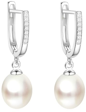 LÖB Creolen 925 Silber Zuchtperlen Zirkonia Weiß, Damen Ohrringe Hängend Perlenohrringe Tropfen Anhänger Glitzer Brautschmuck Tropfenform Perlen Oval