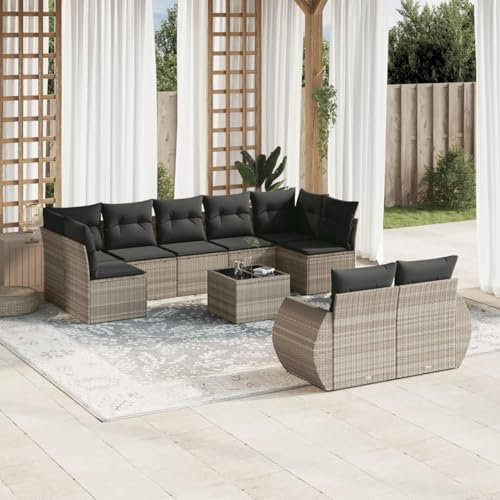 Juroupi 10-TLG. Garten-Sofagarnitur mit Kissen GartenmöBel Set Lounge GartenmöBel Lounge MöBel Outdoor Gartengarnitur Hellgrau Poly Rattan - 3221831