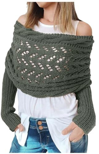 Gestrickte Schal mit Ärmeln Strick, Mode Winter Warm Häkeln Ärmelschal Halstücher Stricken Pullover Schal Winterschal Halstuch Einfarbig Wrap Scarf with Sleeves, Shawl Cape Poncho (Green, One Size)
