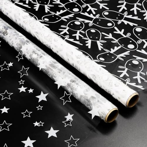 Rotolo di pellicola in cellophane per incartare i regali: pellicola in cellophane per cesti regalo 2 rotoli 3M x 80cm motivo renna e stella per cesti natalizi fiori incartare i regali