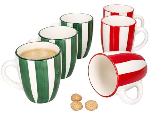 MamboCat 6er Set Zirkus Kaffeebecher I 320 ml I Steingut-Tassen mit roten & grünen Streifen I 6 Personen I für Glühwein, Latte Macchiato & Co