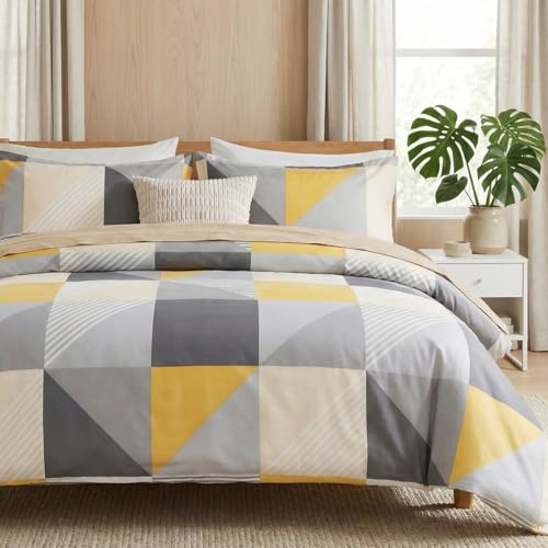 Cozaline Yellow and Grey Duvet Cover Set King Size, 100% Natural Cotton Geometric Duvet Cover 3 Piece Soft Breathable Bedding Set for All Seasons