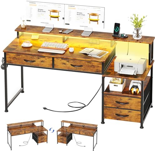 MUTUN 135cm Computer Desk with Power Outlet and Charging Station, Reversible Home Office Desk with Fabric Drawers and Monitor Stand, Wooden Desks with Storage, Study Table, Rustic Brown