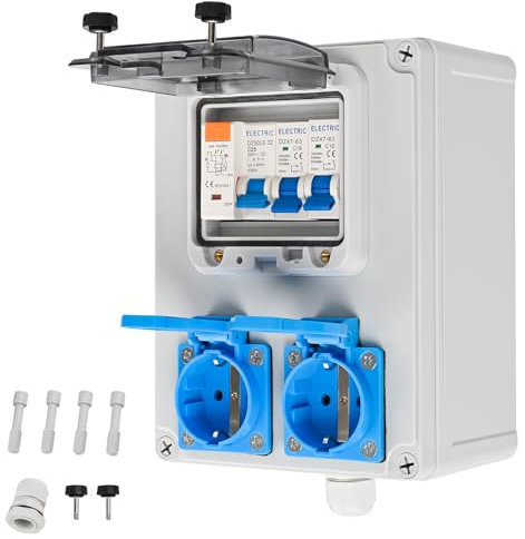 TEOV Baustromverteiler Wandverteiler mit 1P C16A Leitungsschutzschalter und 2P 25A FI, IP44 2x Schuko-Steckdose 230V Wandverteiler Stromverteiler für Innen und Außen
