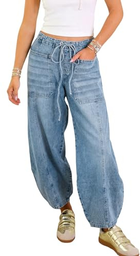 Baggy jeans för kvinnor elastisk midja knytning breda ben ballong tunna denimbyxor vintage lös passform haremsbyxor med fickor streetwear, ljusblå A, M