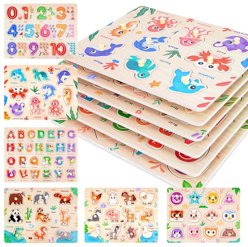 Melofaver Toddler Puzzles Montessori Toys for 3 4 5 Years Old, 6 PCS Wooden Puzzles for Kids Ages 4-6 - Learning Alphabet, Numbers, Shapes and Animals, Educational Toys Puzzle Gifts for Girls Boys