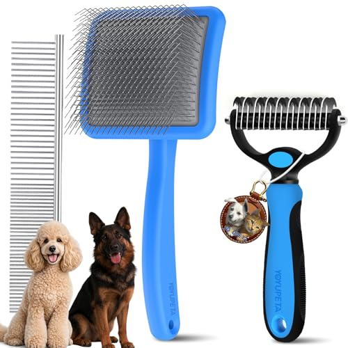 YOYUPETA Profi Hundebuerste Set gegen Unterwolle - 3-in-1 Buchenholz Fellpflege Set mit 25mm Zupfbuerste, Entfilzungsstriegel und Kamm Fuer Langhaar, Schaeferhund & Pudel. Blau | Ideal für Labradoodles, Pudel, Premium-Holzgriff, Unterwollrechen, Entfernen von dicken Matten, Verfilzung.