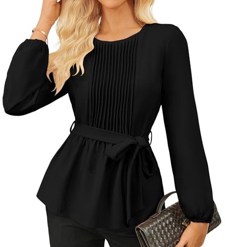 GRACE KARIN Blusa de manga larga tipo farol con cuello redondo para mujer, corte entallado, estilo peplum fruncido, con lazo frontal, estilo casual y elegante, Negro, XL