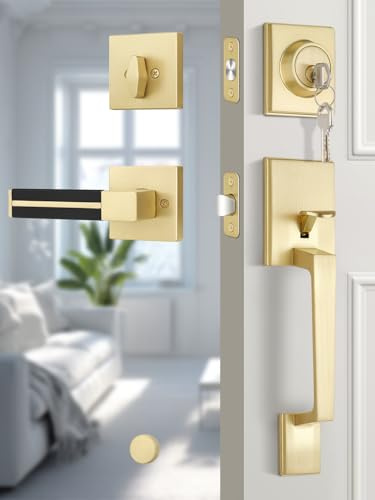 EHOMEWARE Gold Haustürschloss Set, Außentürgriff mit schwarzem Leder, Haustürschloss mit Riegel-Set, robuster Eingangshebel, Türgriff, wendbar für links/rechtshändige Türen