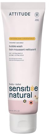 ATTITUDE Bain Moussant et Gel Lavant pour Bébé, Peau Sensible, Certifié EWG, Testé Dermatologiquement, à Base d’Ingrédients Végétaux et Minéraux, Végan, Sans Odeur, 240 mL