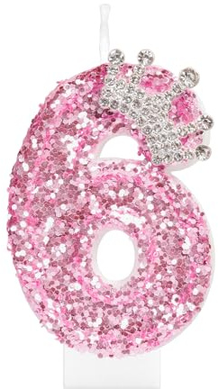 mciskin Födelsedagskrona ljus för flickor, rosa 6:e födelsedagsdekorationer för flicka, glitter nummer 6 ljus för tårta, rosa paljetter ljus med krona för prinsessfestdekorationer, jubileumsmaterial