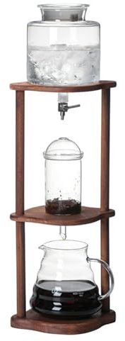 Cafetera de goteo Brew Tower, Cafetera de goteo for hielo, torre de café frío con jarra de vidrio, soporte de madera, válvula ajustable, 2-4 tazas, 500 ml