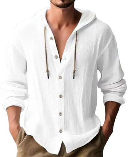 WINKEEY Camisas Hombre de Manga Larga con Botones Cordón Capucha Camisas Lino Hombre para Cómodas Elegantes Playa Vacaciones Ropa Hombre,Blanco 2XL