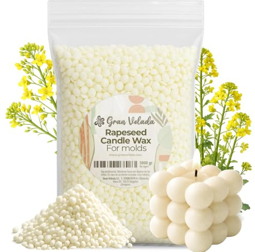 Gran Velada - Cera para Velas Alto Punto de Fusión 5 Kg 52–56°C en Perlas | Ideal para Moldes y Figuras Decorativas | Cera Vegetal Natural para Hacer Velas | Admite 6% Esencia | Base Colza