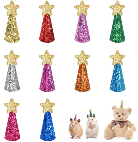 Geburtstagshut für kleines Haustier, Mini Partyhüte für Kuscheltiere, Stofftiere, bunt, glitzernd, für Welpen, Katzen, mit verstellbarem Riemen, für kleine Tiere, Kinder und Plüsch-Teddys