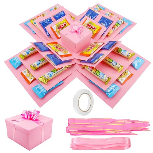 Caja de Regalo Explosión Creativa de 5 capas, Caja Sorpresa para Aperitivos Fotos, Explosiva de Regalo, Explosion Box Creativa para Cumpleaños, Aniversario, Navidad - Rosa