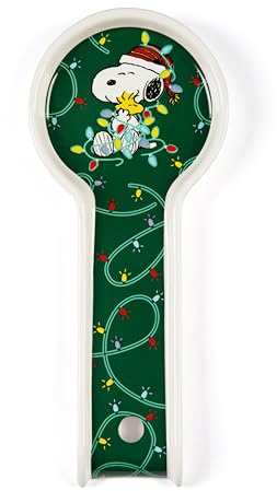 Excelsa Peanuts Shiny & Bright - Soporte para cucharón de cerámica, verde y blanco, decorado con Snoopy y luces navideñas, 25 x 11 x 2,3 cm