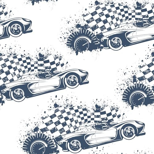 HelloWall Cars Wallpaper Peel and Stick Boys Gaming Wallpaper for Boys Room Gamer Masculine Game Rooms Kids Removable Navy Blue and White Checkered Flag Race Car Contact Paper Self Adhesive 17.5x80