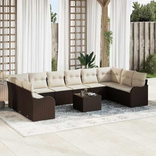 Hoopleep Gartensofa-Set Braun Poly-Rattan für 10 Personen, modulares Outdoor Loungeset mit Tisch, UV-beständig und langlebig für Terrasse und Garten