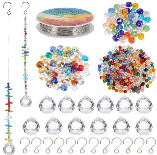 SOFPLATE 1 caja de 517 piezas de Kit de Atrapasoles DIY Kits para Hacer Atrapasoles con Bolas de Prisma Colgantes Grandes Cuentas de Cristal Bicono de Colores Ganchos En Forma de S Atrapasoles de Alam