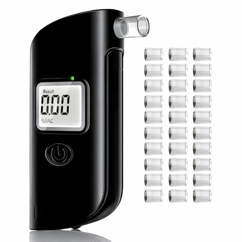 JICICUXI Alkoholtester Polizeigenau, Tragbarer Promillemessgerät, Professioneller Alkoholmessgerät mit 30 Mundstücken, Alkohol Tester mit Digitaler LCD-Anzeige für Familienfeier,Perlschwarz