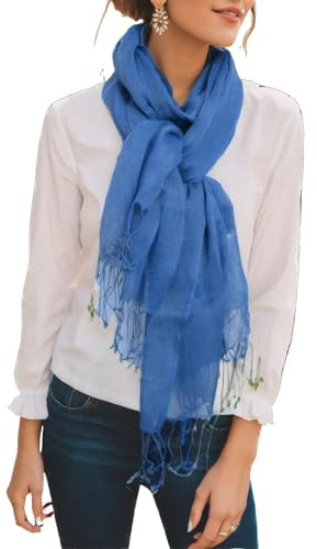 Prettystern bufanda de lino lisa unisex 100% foulard hombres y mujeres primavera verano con flecos T51 jeans azul