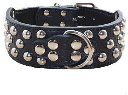 haoyueer Leder-Hundehalsband, 5,1 cm breit, 3-reihig, mit Nieten, für mittelgroße und große Hunde, Pitbull, Mastiff, Boxer, Bully usw. (M, schwarz)
