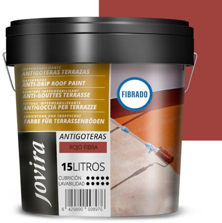 JOVIRA PINTURAS | 20 Kg | Pintura Impermeabilizante Antigoteras con Fibras – Sella Goteras y Grietas – Resistente al agua - Pintura Elástica para Terrazas, Tejados y Medianeras.(15 Litros, Rojo) A-46B