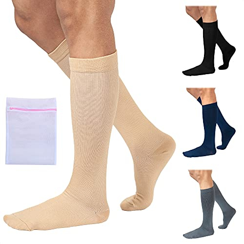 360 RELIEF 1 Pair Compression Socks for Women & Men - 15-20 mmHg Travel Flight Socks – Graduated Support - Ideal for Running, Cycling & during Maternity -S/M, Beige with Laundry Bag