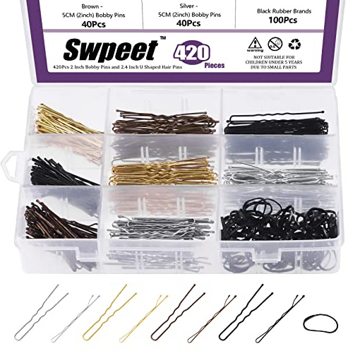 Swpeet 420 st 2 stilar 1,9 tum 6,5 cm svart/guld/brun/silver hårnålar med gummibandssats, inklusive 160 st hårnålar och 160 st U-hårnålar hårklämmor för flickor och kvinnor