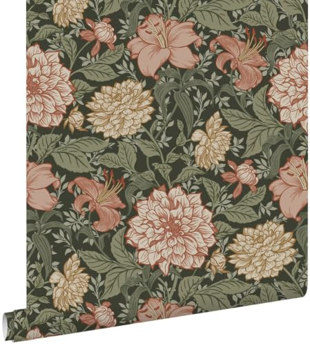 ESTAhome tapet vintage blommor grågrönt och terrakotta rosa 53 cm x 10.05 m