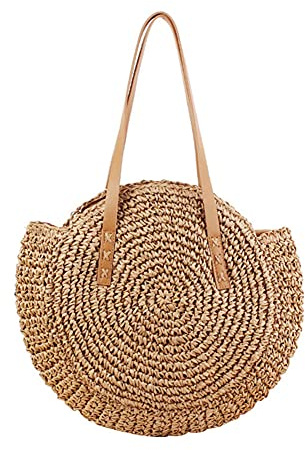 Valink Damen gewebte runde Strohtasche, handgewebte Rattan-Stroh-Umhängetasche, Ledergriffe, gewebte Handtasche mit Reißverschluss, Sommer-Strandtasche