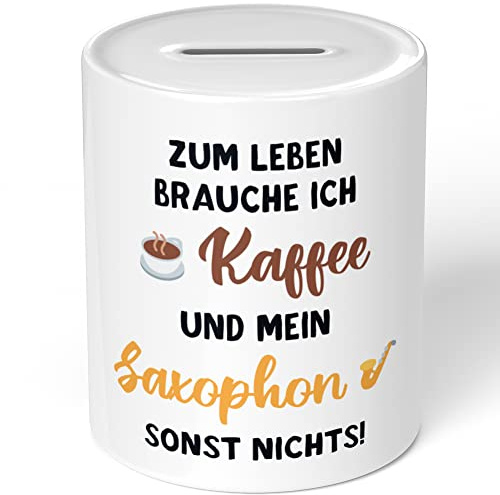 JUNIWORDS Spardose Sparbüchse, Zum Leben Brauche ich Kaffee und Mein Saxophon, sonst Nichts (1005283)