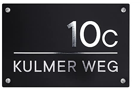 Sosenco Personalisiert Hausnummer aus Plexiglasscheibe und Laminat – 19x29 cm - Hausnummerschild Plexiglas – Hausnummern Wetterfest Schilder - Acryl Schwarz (Silber)